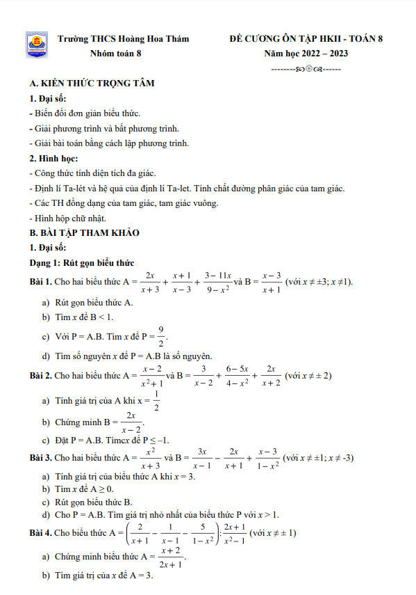 Đề cương HK2 Toán 8 năm 2022 – 2023 trường THCS Hoàng Hoa Thám – Hà Nội