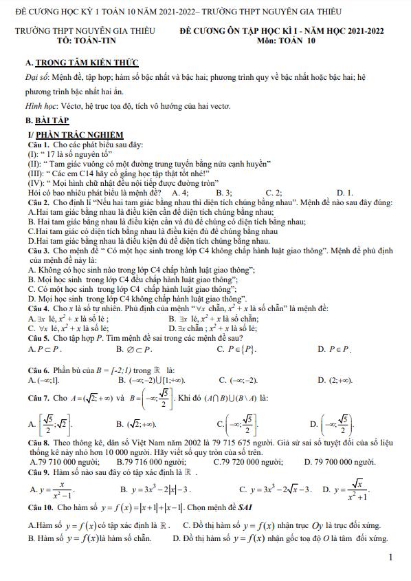 Đề cương học kì 1 Toán 10 năm 2021 – 2022 trường Nguyễn Gia Thiều – Hà Nội