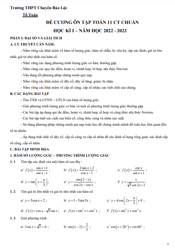 Đề cương học kì 1 Toán 11 năm 2022 – 2023 trường chuyên Bảo Lộc – Lâm Đồng