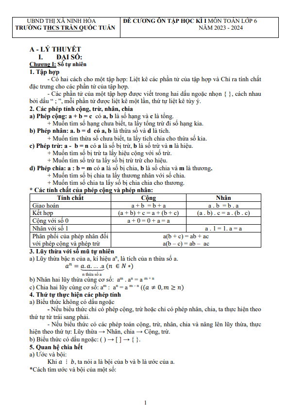 Đề cương học kì 1 Toán 6 năm 2023 – 2024 trường THCS Trần Quốc Tuấn – Khánh Hòa