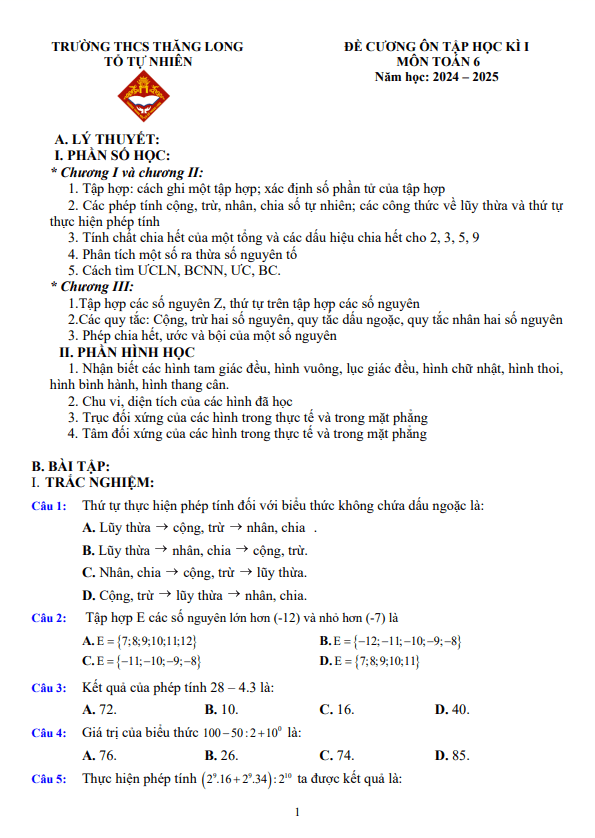 Đề cương học kì 1 Toán 6 năm 2024 – 2025 trường THCS Thăng Long – Hà Nội