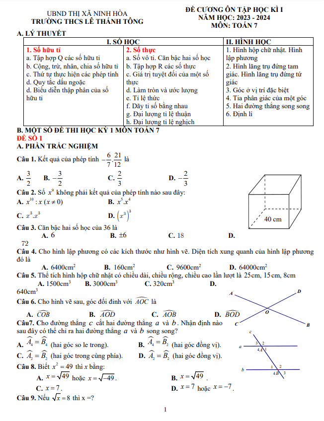 Đề cương học kì 1 Toán 7 năm 2023 – 2024 trường THCS Lê Thánh Tông – Khánh Hòa