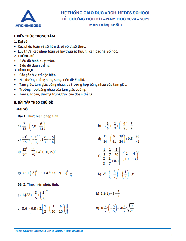 Đề cương học kì 1 Toán 7 năm 2024 – 2025 hệ thống GD Archimedes School – Hà Nội