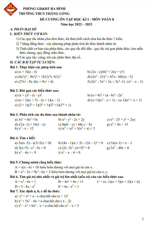 Đề cương học kì 1 Toán 8 năm 2022 – 2023 trường THCS Thăng Long – Hà Nội