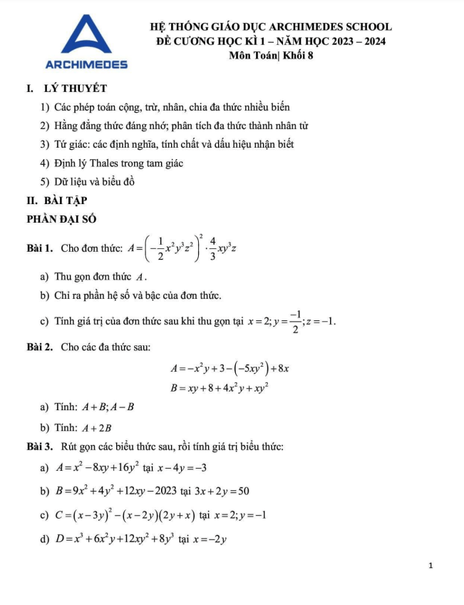 Đề cương học kì 1 Toán 8 năm 2023 – 2024 hệ thống giáo dục Archimedes School – Hà Nội