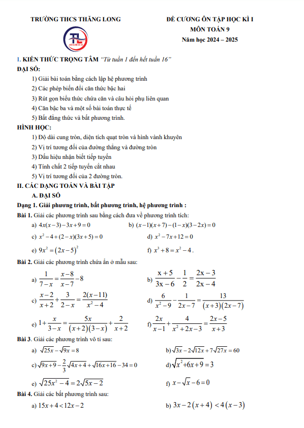 Đề cương học kì 1 Toán 9 năm 2024 – 2025 trường THCS Thăng Long – Hà Nội
