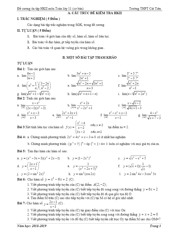 Đề cương học kì 2 Toán 11 năm 2018 – 2019 trường Cát Tiên – Lâm Đồng