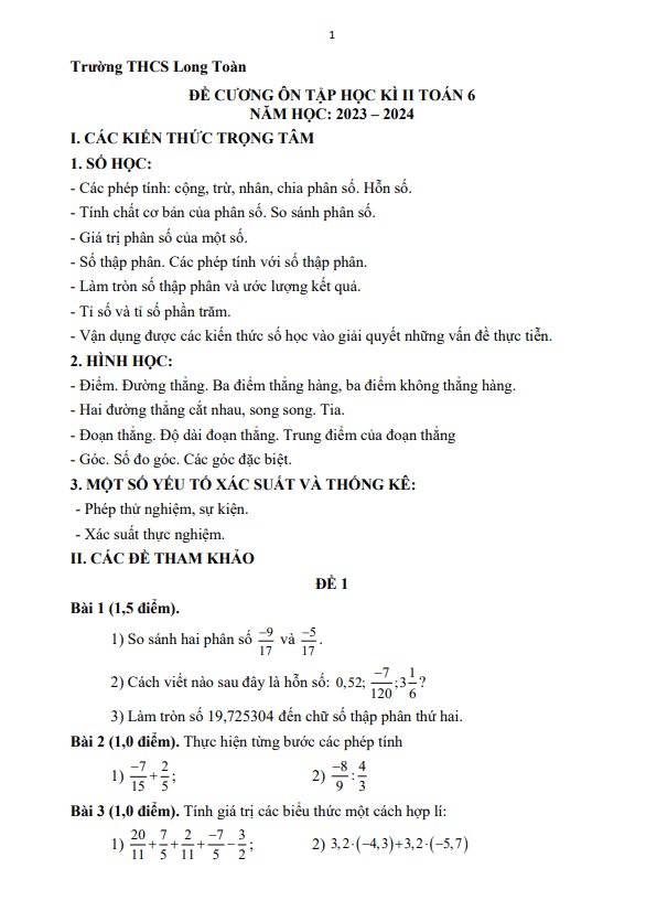 Đề cương học kì 2 Toán 6 năm 2023 – 2024 trường THCS Long Toàn – BR VT
