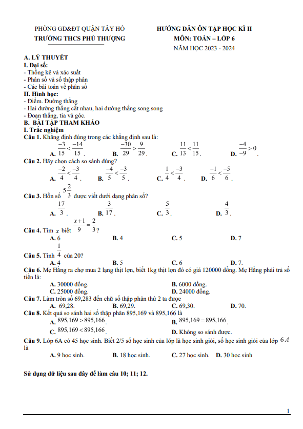 Đề cương học kì 2 Toán 6 năm 2023 – 2024 trường THCS Phú Thượng – Hà Nội
