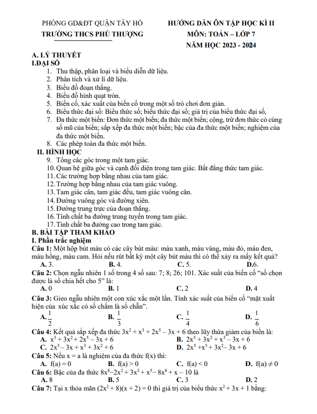 Đề cương học kì 2 Toán 7 năm 2023 – 2024 trường THCS Phú Thượng – Hà Nội