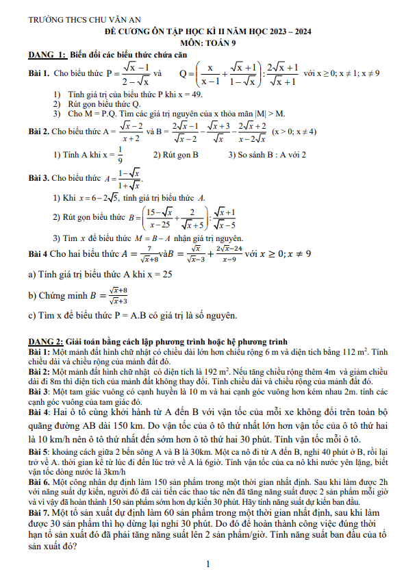 Đề cương học kì 2 Toán 9 năm 2023 – 2024 trường THCS Chu Văn An – Hà Nội