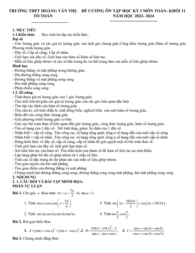 Đề cương học kỳ 1 Toán 11 năm 2023 – 2024 trường THPT Hoàng Văn Thụ – Hà Nội