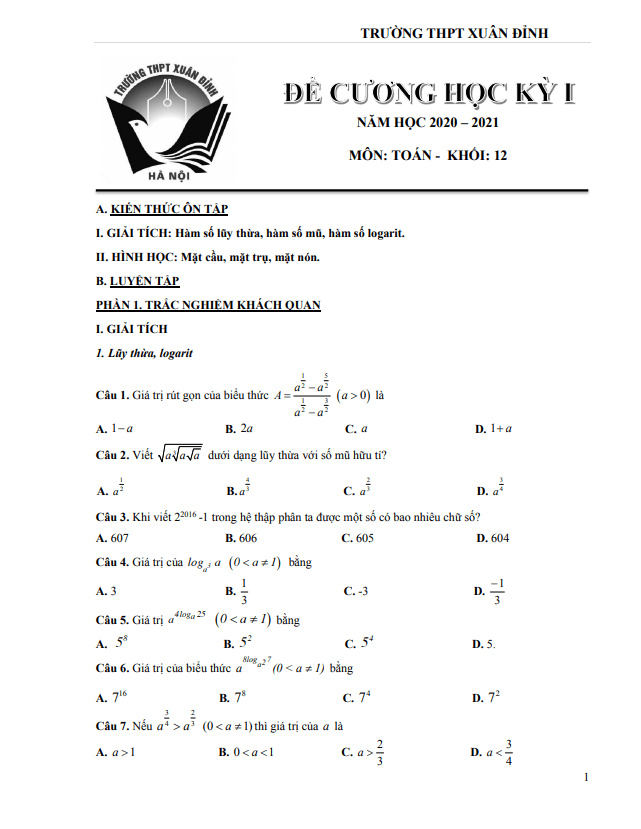 Đề cương học kỳ 1 Toán 12 năm 2020 – 2021 trường THPT Xuân Đỉnh – Hà Nội