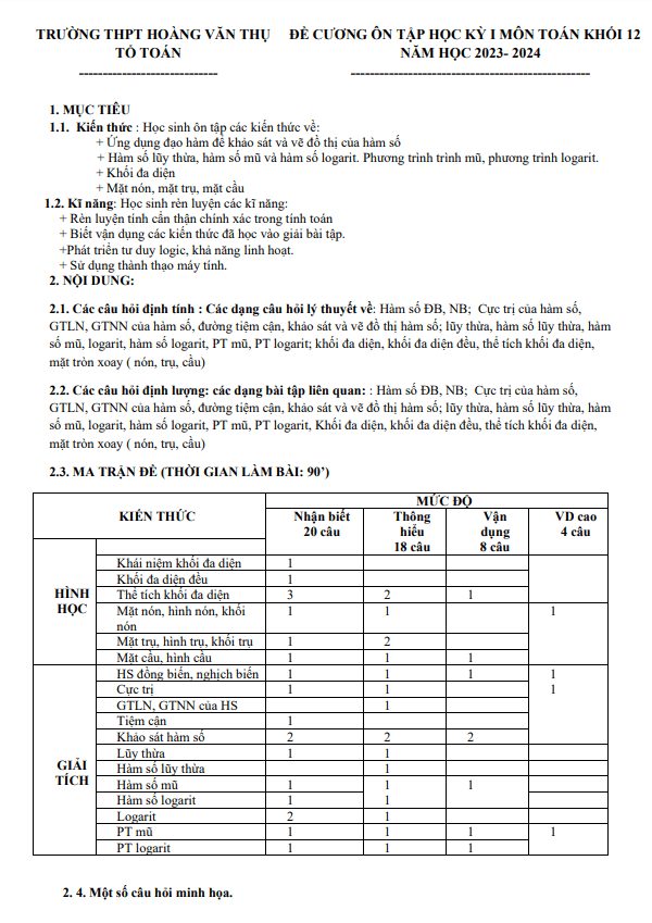 Đề cương học kỳ 1 Toán 12 năm 2023 – 2024 trường THPT Hoàng Văn Thụ – Hà Nội
