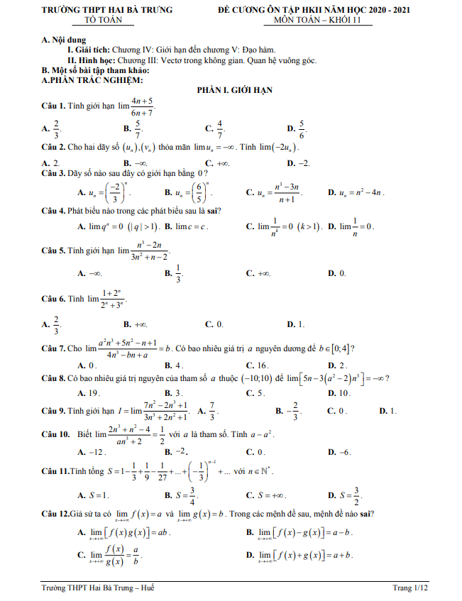 Đề cương học kỳ 2 Toán 11 năm 2020 – 2021 trường THPT Hai Bà Trưng – TT Huế