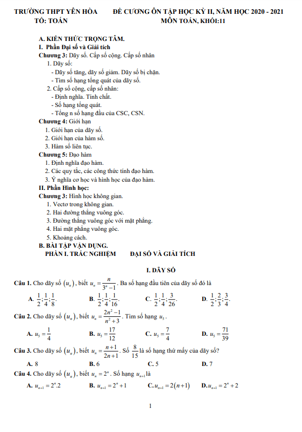Đề cương học kỳ 2 Toán 11 năm 2020 – 2021 trường THPT Yên Hòa – Hà Nội
