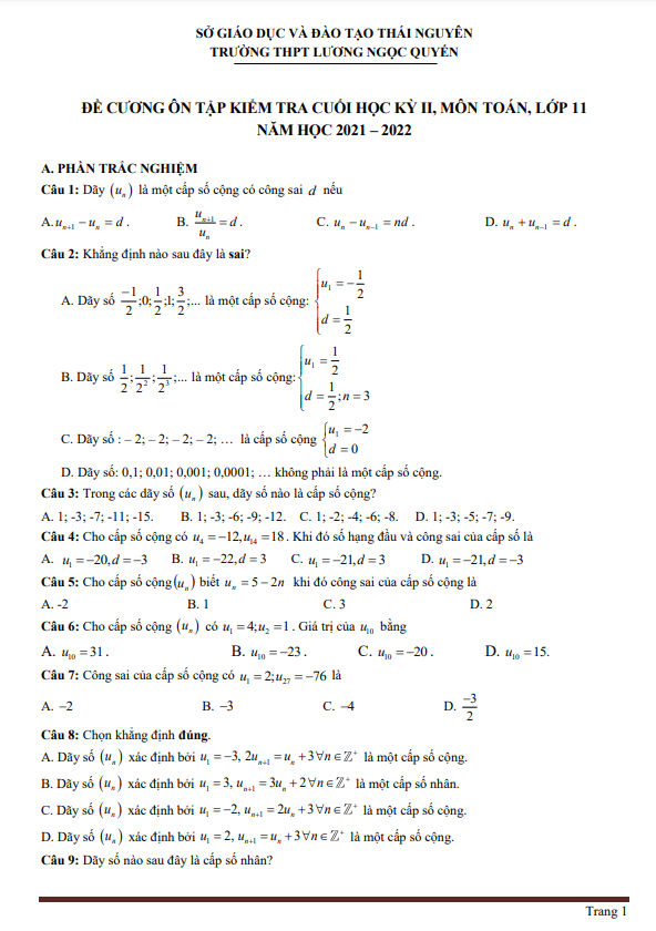 Đề cương học kỳ 2 Toán 11 năm 2021 – 2022 trường Lương Ngọc Quyến – Thái Nguyên