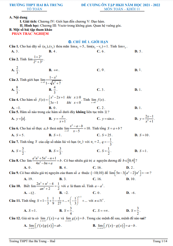 Đề cương học kỳ 2 Toán 11 năm 2021 – 2022 trường THPT Hai Bà Trưng – TT Huế