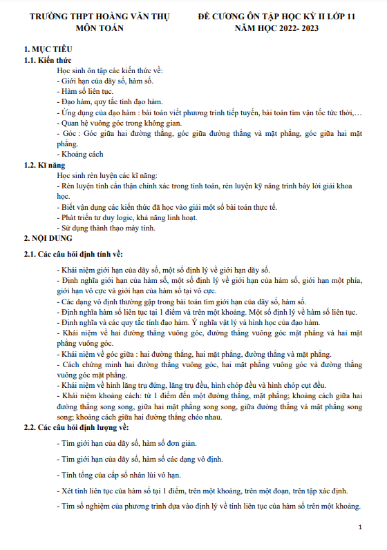 Đề cương học kỳ 2 Toán 11 năm 2022 – 2023 trường Hoàng Văn Thụ – Hà Nội