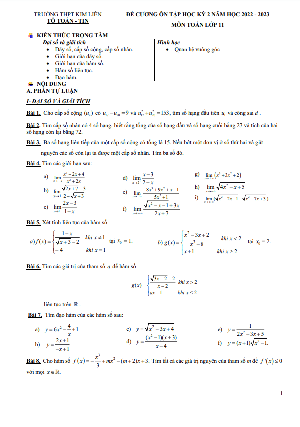 Đề cương học kỳ 2 Toán 11 năm 2022 – 2023 trường THPT Kim Liên – Hà Nội