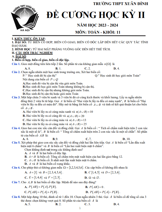 Đề cương học kỳ 2 Toán 11 năm 2023 – 2024 trường THPT Xuân Đỉnh – Hà Nội