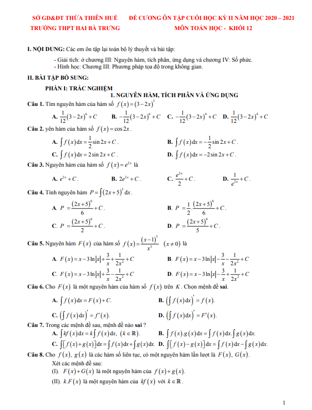 Đề cương học kỳ 2 Toán 12 năm 2020 – 2021 trường THPT Hai Bà Trưng – TT Huế