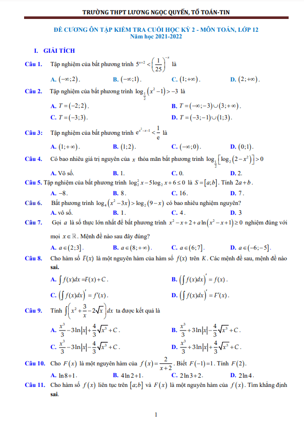 Đề cương học kỳ 2 Toán 12 năm 2021 – 2022 trường Lương Ngọc Quyến – Thái Nguyên