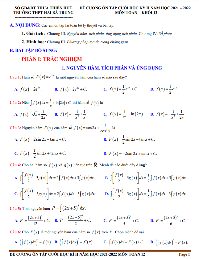Đề cương học kỳ 2 Toán 12 năm 2021 – 2022 trường THPT Hai Bà Trưng – TT Huế