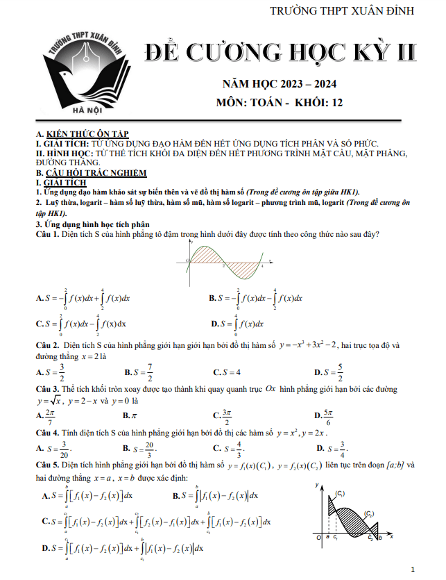 Đề cương học kỳ 2 Toán 12 năm 2023 – 2024 trường THPT Xuân Đỉnh – Hà Nội