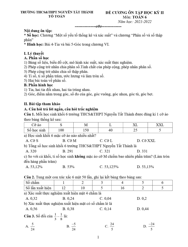 Đề cương học kỳ 2 Toán 6 năm 2021 – 2022 trường Nguyễn Tất Thành – Hà Nội