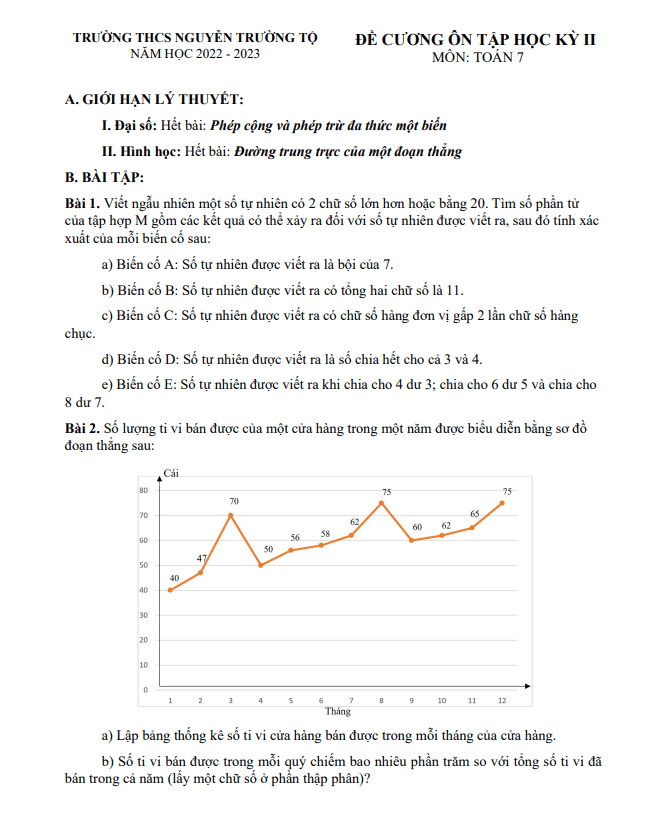 Đề cương học kỳ 2 Toán 7 năm 2022 – 2023 trường THCS Nguyễn Trường Tộ – Hà Nội