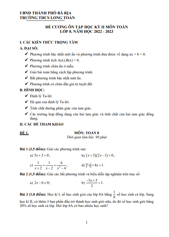 Đề cương học kỳ 2 Toán 8 năm 2022 – 2023 trường THCS Long Toàn – BR VT