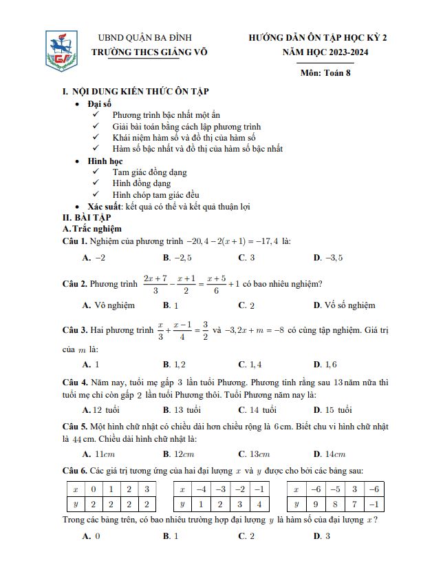 Đề cương học kỳ 2 Toán 8 năm 2023 – 2024 trường THCS Giảng Võ – Hà Nội
