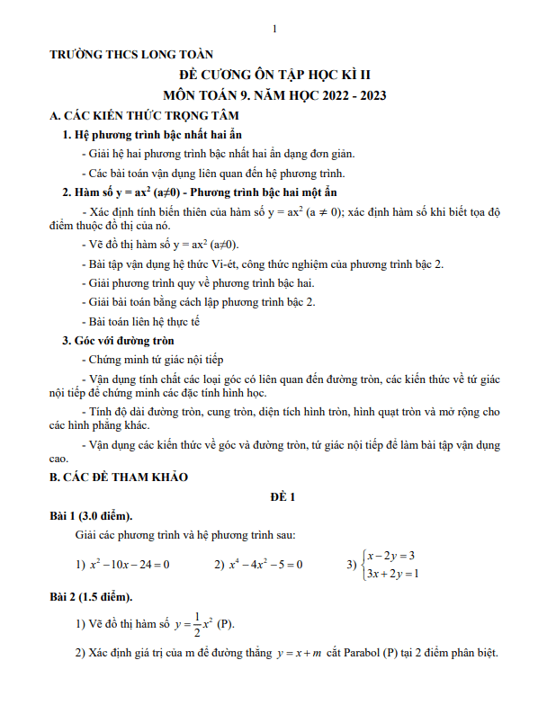 Đề cương học kỳ 2 Toán 9 năm 2022 – 2023 trường THCS Long Toàn – BR VT