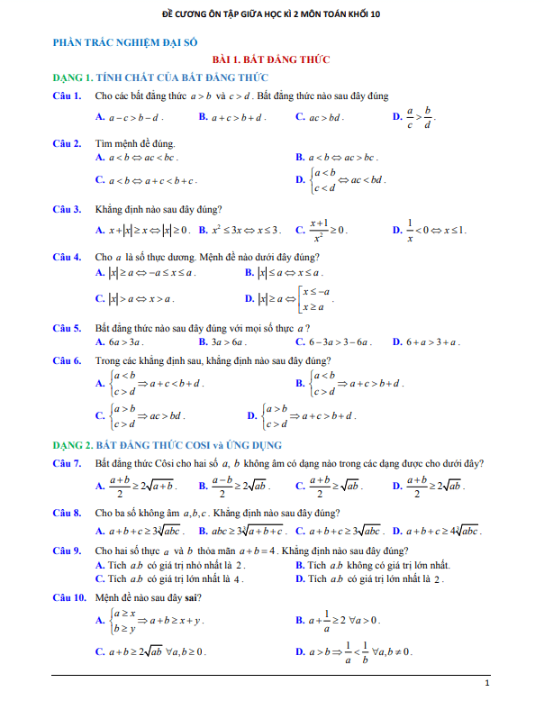 Đề cương ôn tập giữa học kì 2 môn Toán khối 10