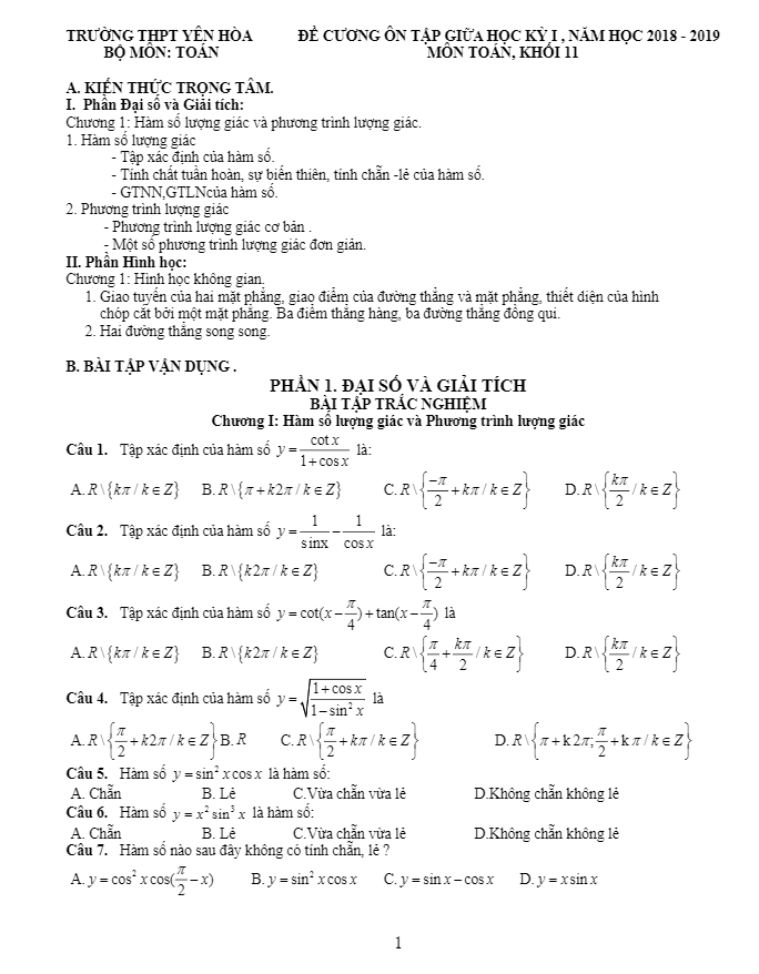 Đề cương ôn tập giữa học kỳ 1 Toán 11 năm 2018 – 2019 trường THPT Yên Hòa – Hà Nội