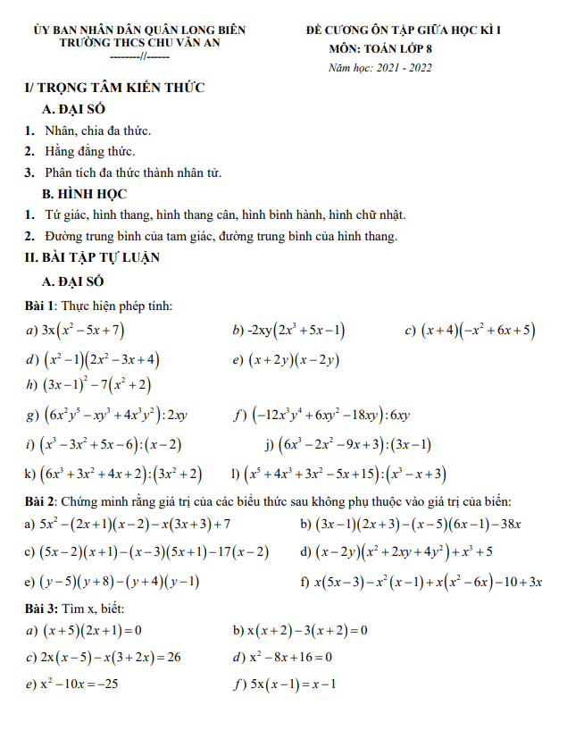 Đề cương ôn tập giữa kì 1 Toán 8 năm 2021 – 2022 trường THCS Chu Văn An – Hà Nội