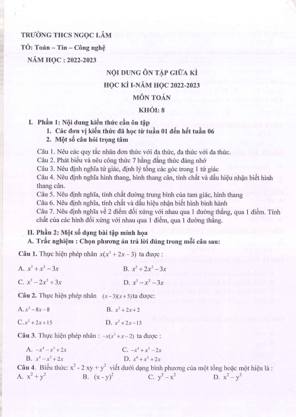 Đề cương ôn tập giữa kì 1 Toán 8 năm 2022 – 2023 trường THCS Ngọc Lâm – Hà Nội