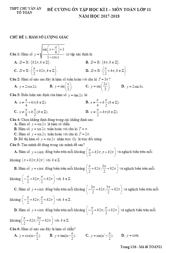 Đề cương ôn tập HK1 môn Toán 11 năm học 2017 – 2018 trường THPT Chu Văn An – Hà Nội