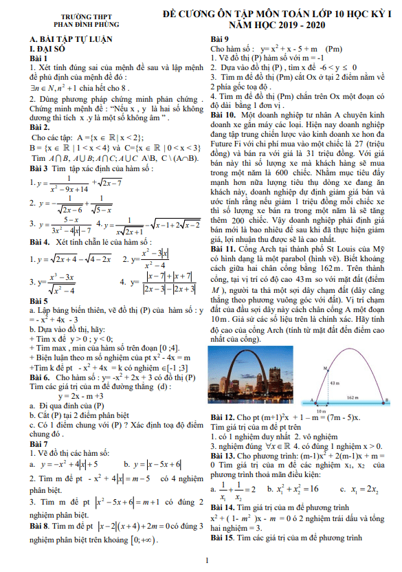 Đề cương ôn tập HK1 Toán 10 năm 2019 – 2020 trường THPT Phan Đình Phùng – Hà Nội