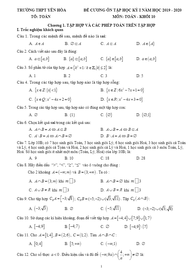 Đề cương ôn tập HK1 Toán 10 năm 2019 – 2020 trường Yên Hòa – Hà Nội