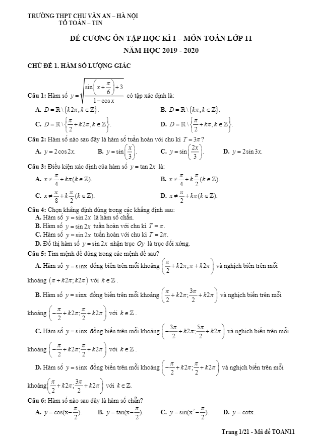 Đề cương ôn tập HK1 Toán 11 năm 2019 – 2020 trường Chu Văn An – Hà Nội