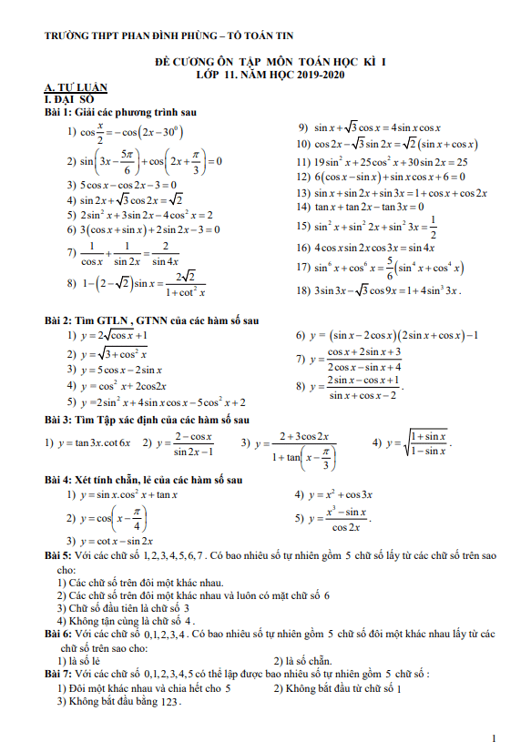 Đề cương ôn tập HK1 Toán 11 năm 2019 – 2020 trường THPT Phan Đình Phùng – Hà Nội