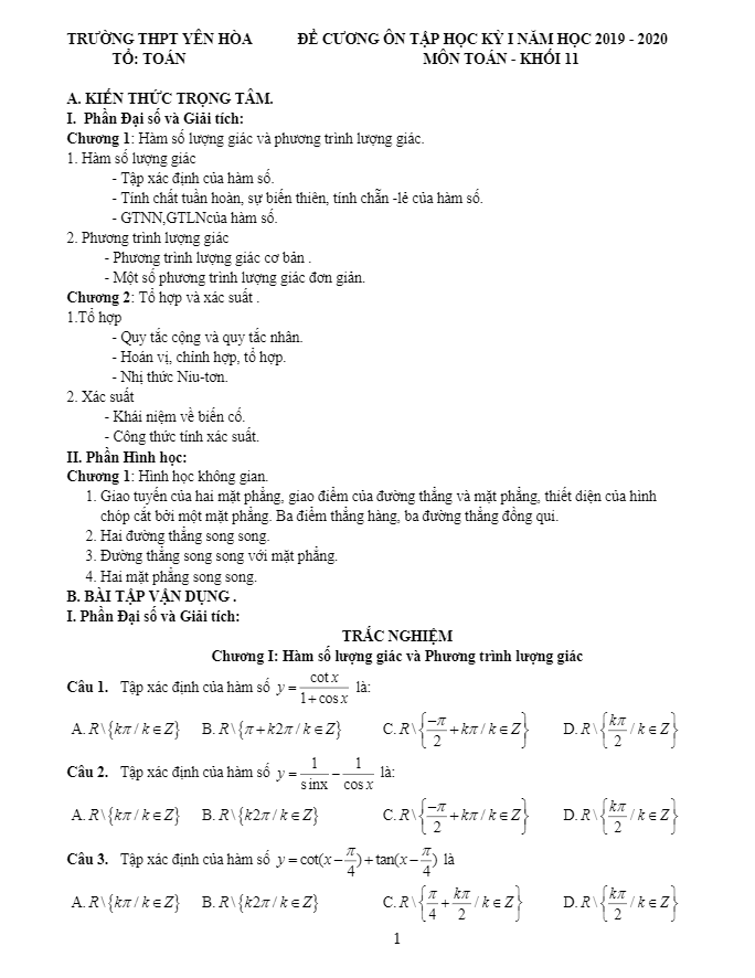 Đề cương ôn tập HK1 Toán 11 năm 2019 – 2020 trường Yên Hòa – Hà Nội
