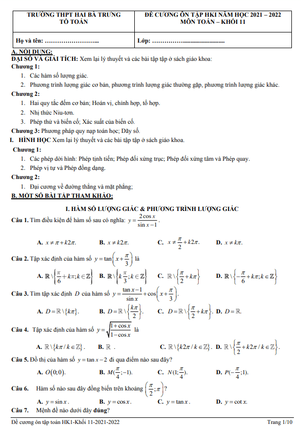 Đề cương ôn tập HK1 Toán 11 năm 2021 – 2022 trường Hai Bà Trưng – TT Huế