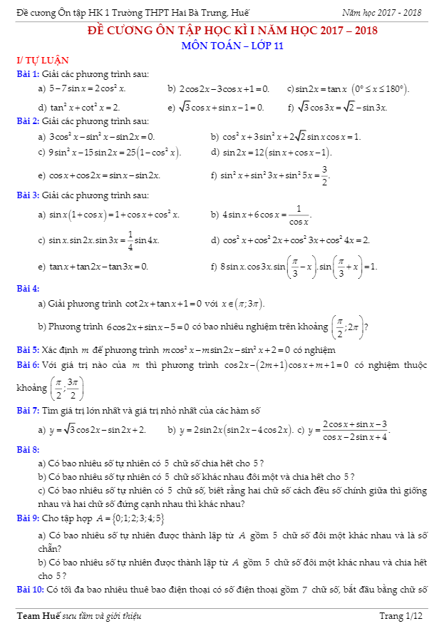 Đề cương ôn tập HK1 Toán 11 năm học 2017 – 2018 trường THPT Hai Bà Trưng – TT. Huế