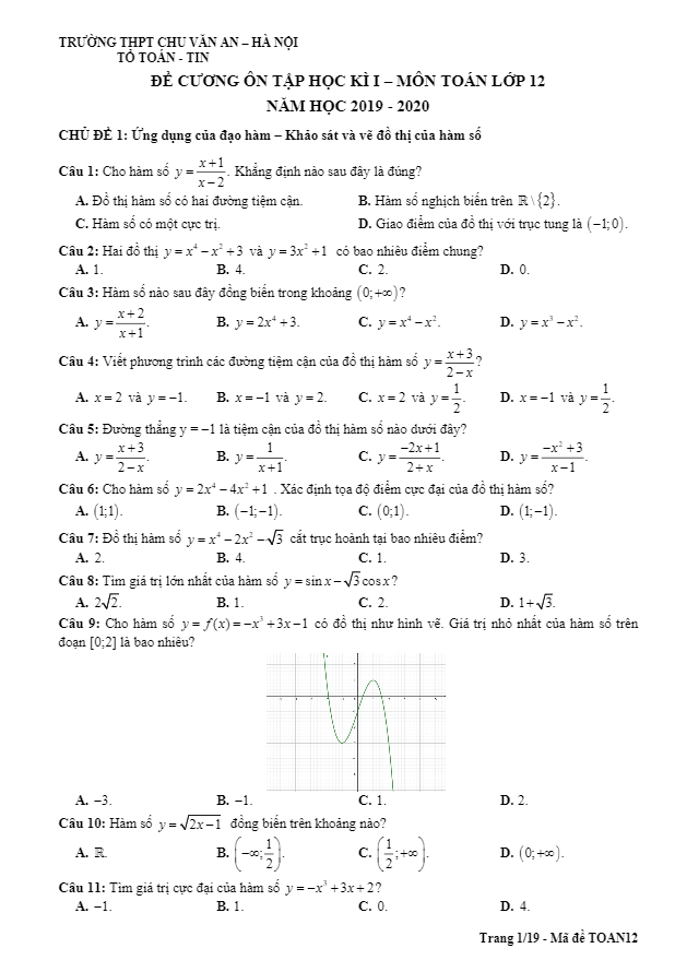 Đề cương ôn tập HK1 Toán 12 năm 2019 – 2020 trường Chu Văn An – Hà Nội