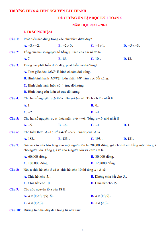 Đề cương ôn tập HK1 Toán 6 năm 2021 – 2022 trường Nguyễn Tất Thành – Hà Nội