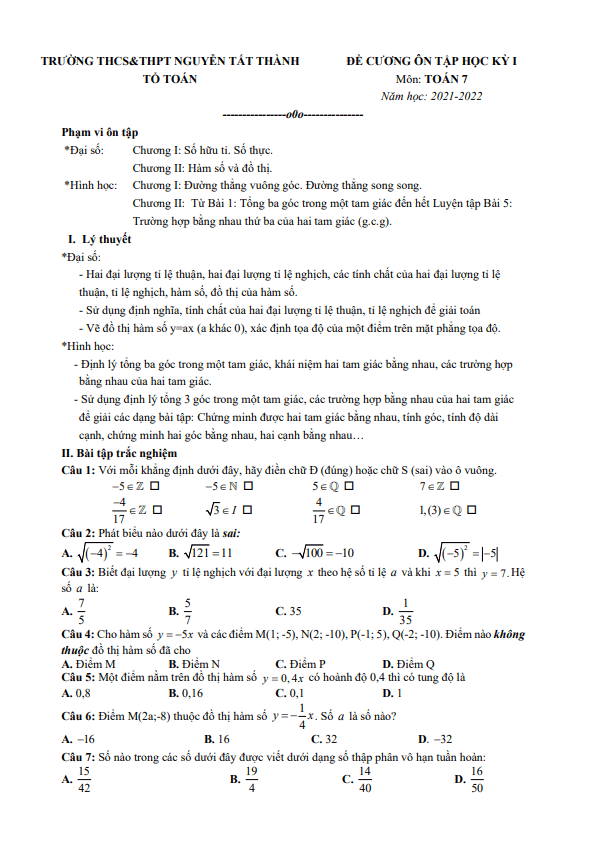 Đề cương ôn tập HK1 Toán 7 năm 2021 – 2022 trường Nguyễn Tất Thành – Hà Nội