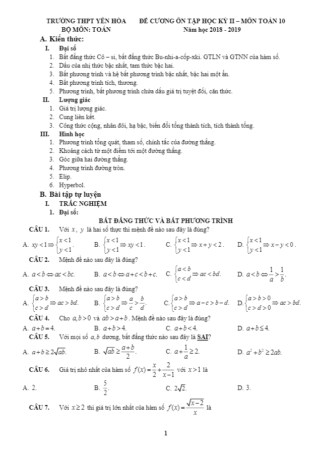 Đề cương ôn tập HK2 Toán 10 năm 2018 – 2019 trường THPT Yên Hòa – Hà Nội